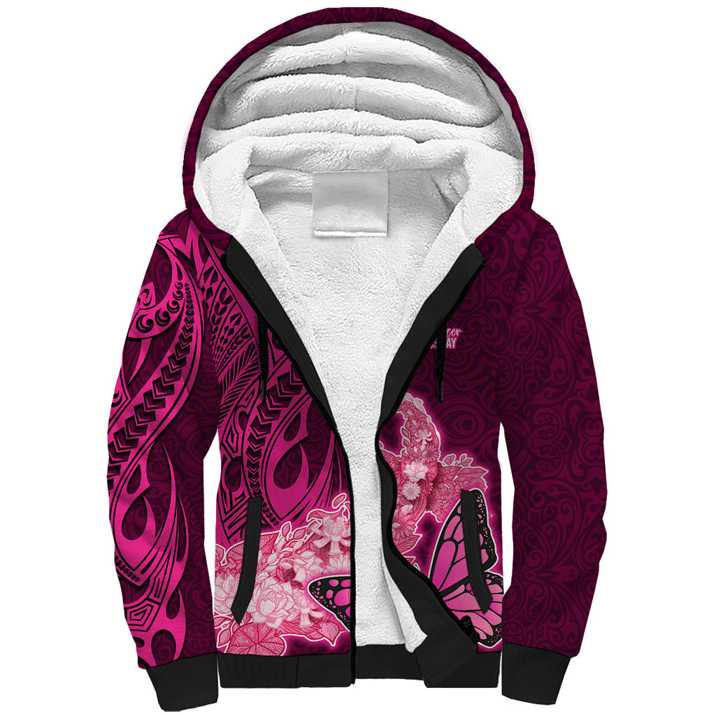 Polynesia Breast Cancer Sherpa Hoodie Butterfly and Flowers Ribbon Maori Tattoo Ethnic Pink Style LT03 Unisex Pink - Polynesian Pride