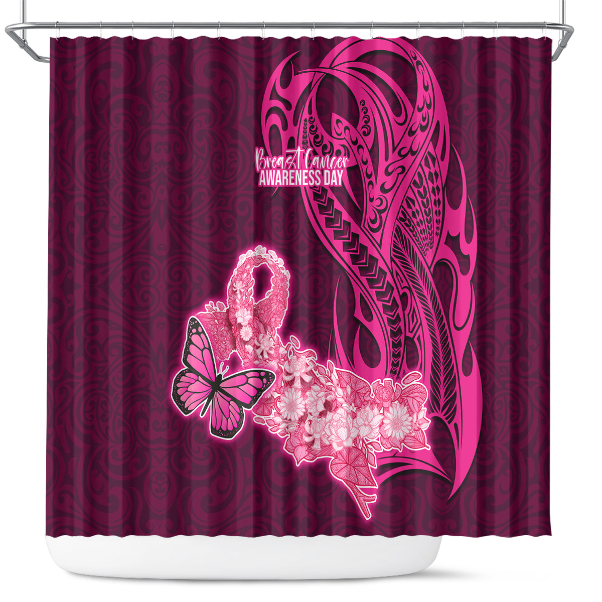 Polynesia Breast Cancer Shower Curtain Butterfly and Flowers Ribbon Maori Tattoo Ethnic Pink Style LT03 Pink - Polynesian Pride