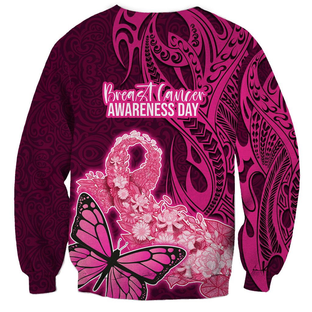 Polynesia Breast Cancer Sweatshirt Butterfly and Flowers Ribbon Maori Tattoo Ethnic Pink Style LT03 - Polynesian Pride