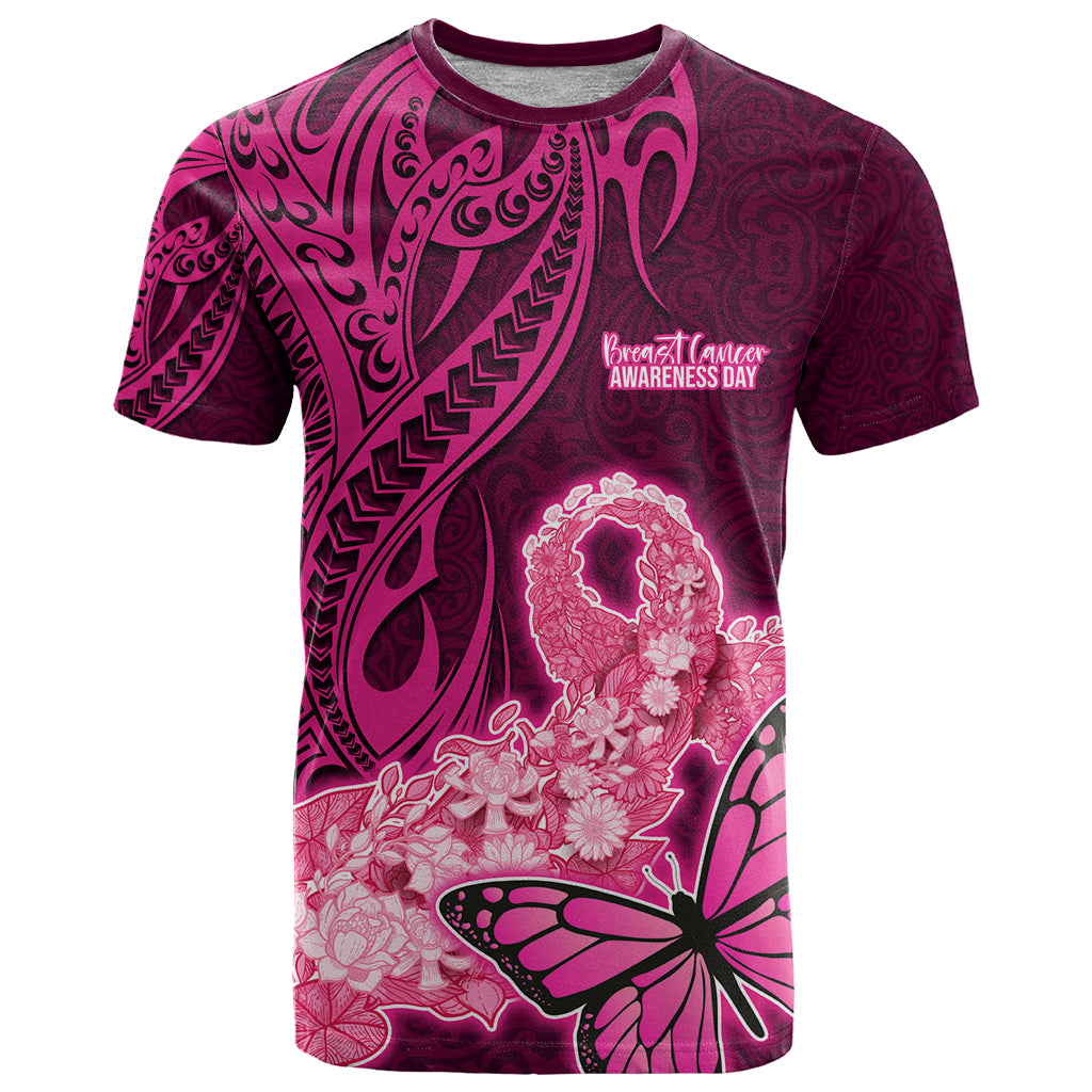 Polynesia Breast Cancer T Shirt Butterfly and Flowers Ribbon Maori Tattoo Ethnic Pink Style LT03 Pink - Polynesian Pride