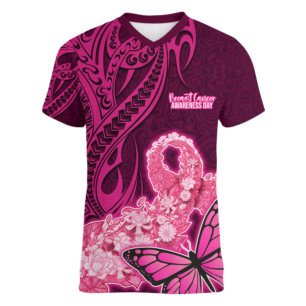 Polynesia Breast Cancer Women V Neck T Shirt Butterfly and Flowers Ribbon Maori Tattoo Ethnic Pink Style LT03 Female Pink - Polynesian Pride