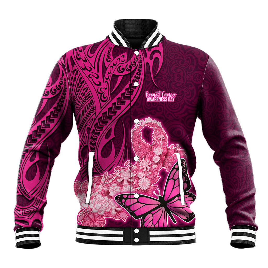 Custom Polynesia Breast Cancer Baseball Jacket Butterfly and Flowers Ribbon Maori Tattoo Ethnic Pink Style LT03 Unisex Pink - Polynesian Pride