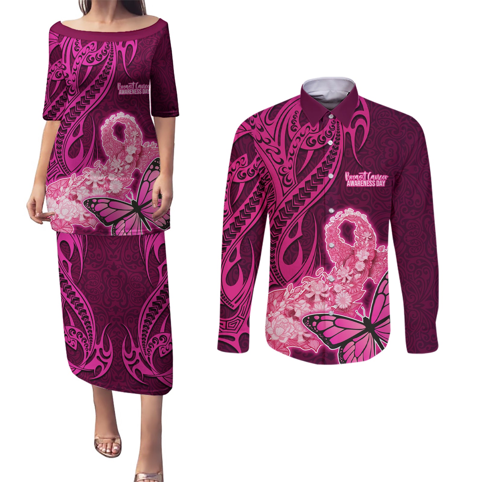 Custom Polynesia Breast Cancer Couples Matching Puletasi Dress and Long Sleeve Button Shirts Butterfly and Flowers Ribbon Maori Tattoo Ethnic Pink Style LT03 Pink - Polynesian Pride