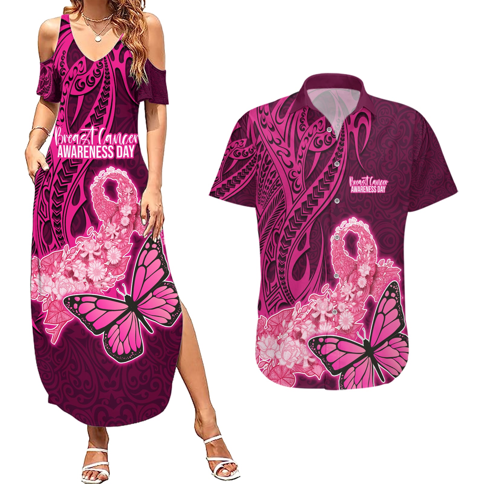 Custom Polynesia Breast Cancer Couples Matching Summer Maxi Dress and Hawaiian Shirt Butterfly and Flowers Ribbon Maori Tattoo Ethnic Pink Style LT03 Pink - Polynesian Pride