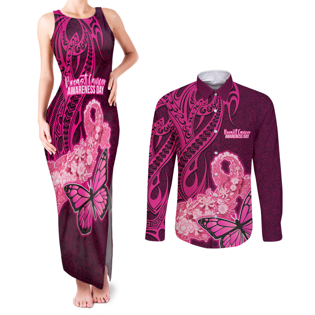 Custom Polynesia Breast Cancer Couples Matching Tank Maxi Dress and Long Sleeve Button Shirts Butterfly and Flowers Ribbon Maori Tattoo Ethnic Pink Style LT03 Pink - Polynesian Pride