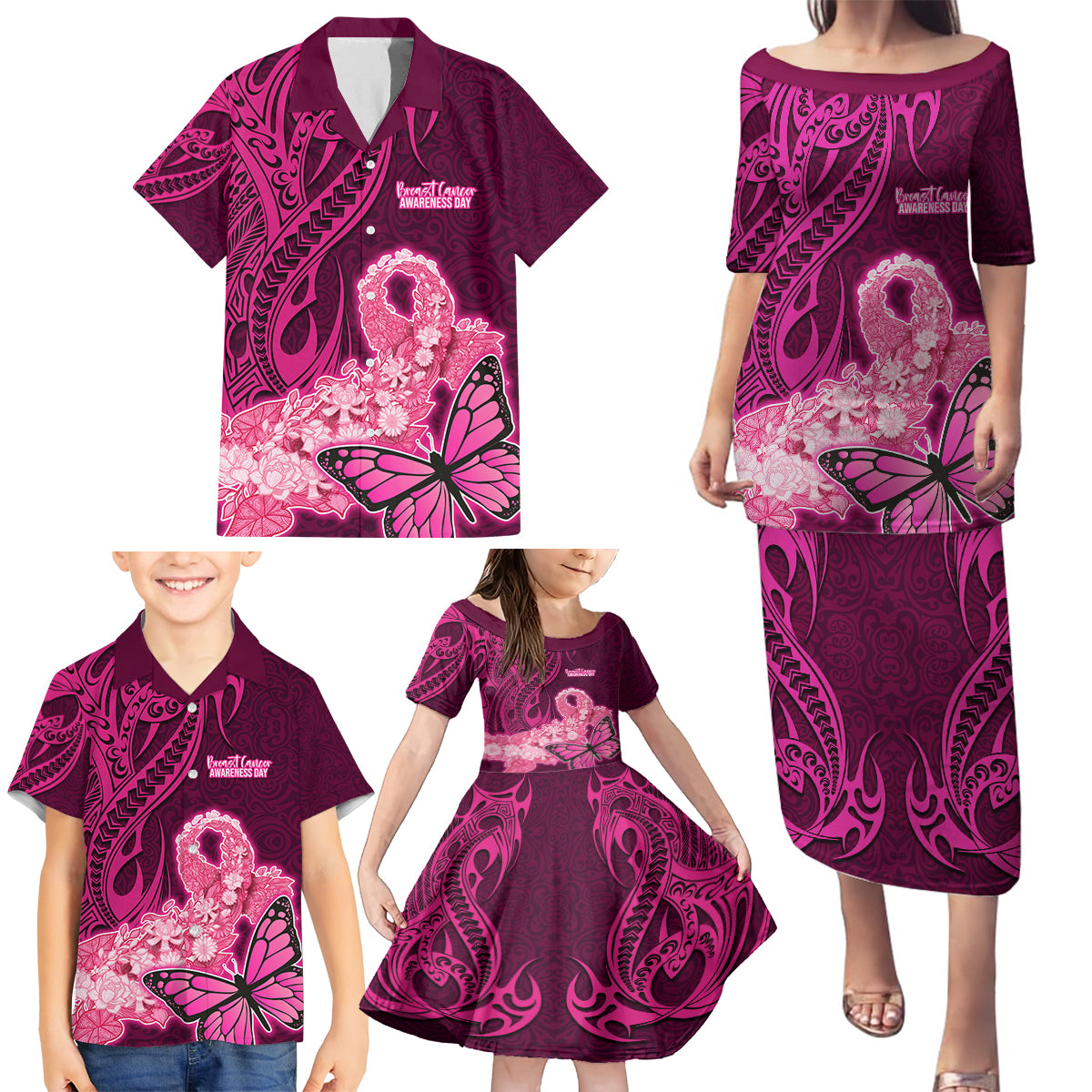 Custom Polynesia Breast Cancer Family Matching Puletasi Dress and Hawaiian Shirt Butterfly and Flowers Ribbon Maori Tattoo Ethnic Pink Style LT03 - Polynesian Pride