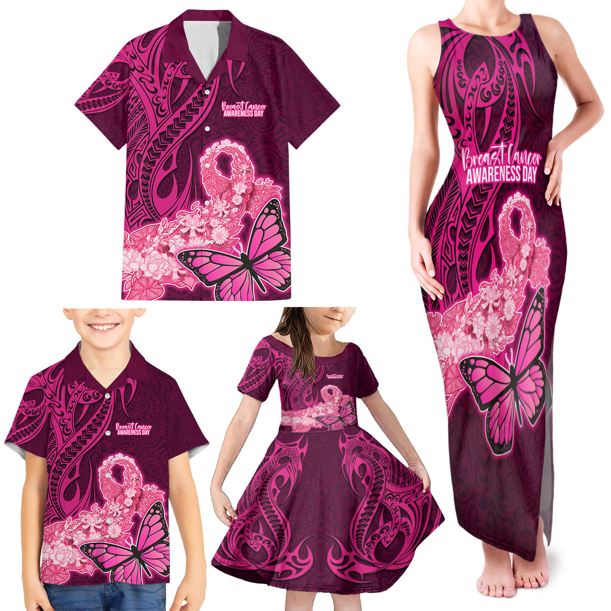 Custom Polynesia Breast Cancer Family Matching Tank Maxi Dress and Hawaiian Shirt Butterfly and Flowers Ribbon Maori Tattoo Ethnic Pink Style LT03 - Polynesian Pride