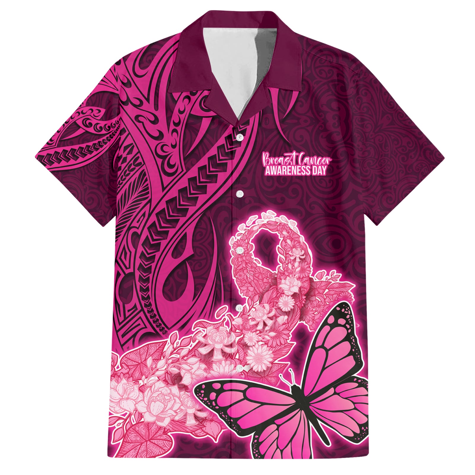 Custom Polynesia Breast Cancer Hawaiian Shirt Butterfly and Flowers Ribbon Maori Tattoo Ethnic Pink Style LT03 Pink - Polynesian Pride