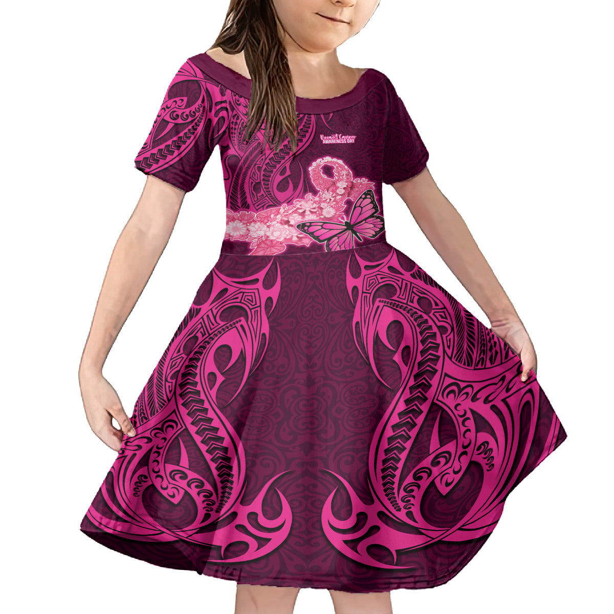 Custom Polynesia Breast Cancer Kid Short Sleeve Dress Butterfly and Flowers Ribbon Maori Tattoo Ethnic Pink Style LT03 KID Pink - Polynesian Pride