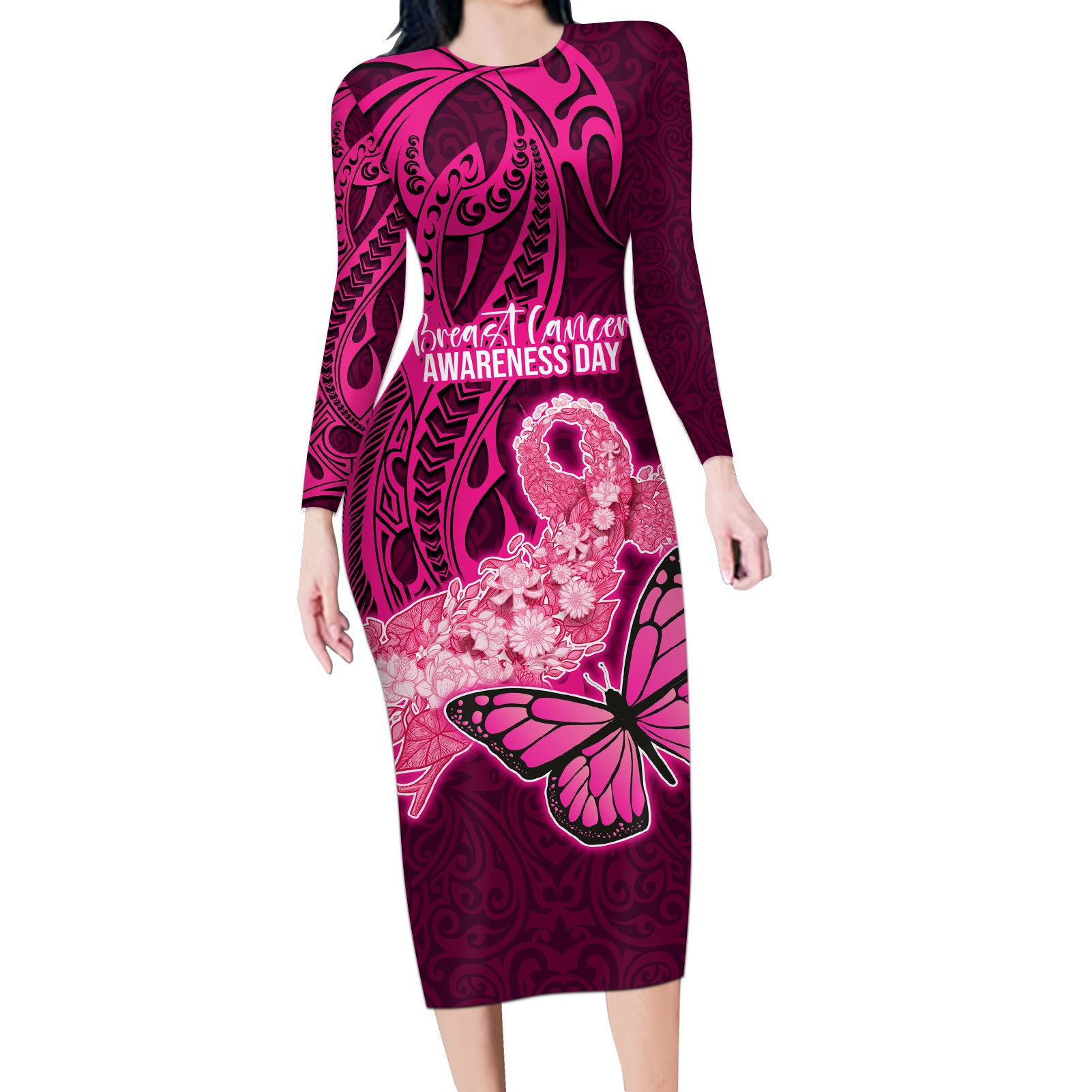 Custom Polynesia Breast Cancer Long Sleeve Bodycon Dress Butterfly and Flowers Ribbon Maori Tattoo Ethnic Pink Style LT03 Long Dress Pink - Polynesian Pride