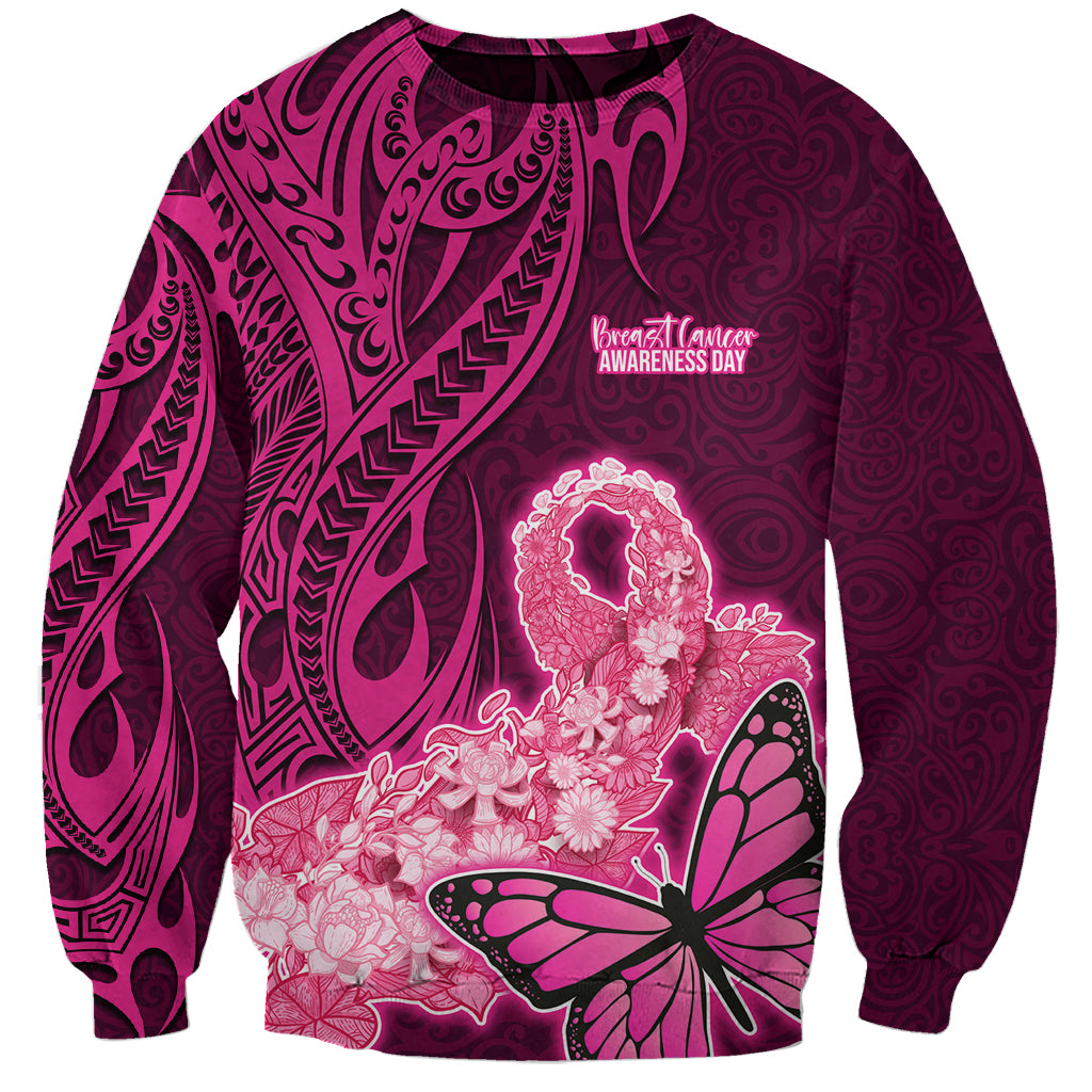 Custom Polynesia Breast Cancer Sweatshirt Butterfly and Flowers Ribbon Maori Tattoo Ethnic Pink Style LT03 Unisex Pink - Polynesian Pride