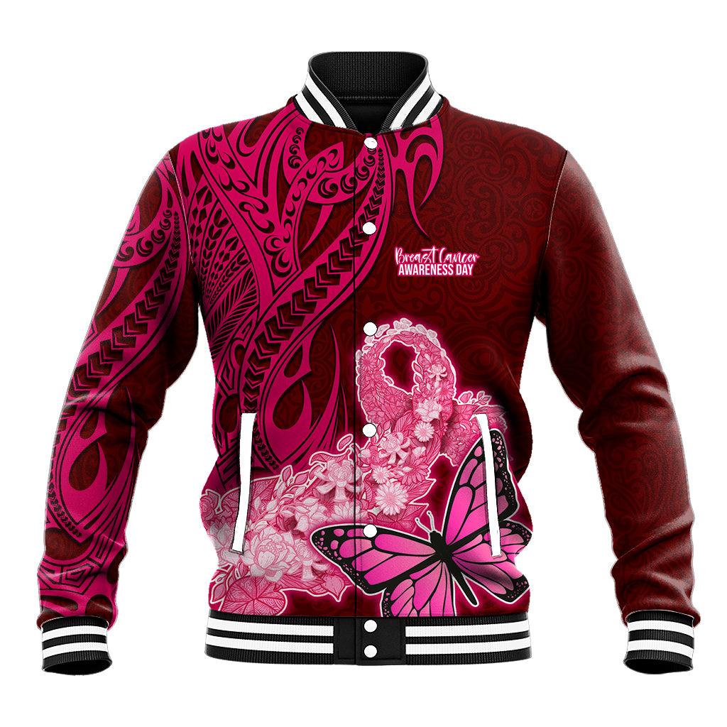 Polynesia Breast Cancer Baseball Jacket Butterfly and Flowers Ribbon Maori Tattoo Ethnic Red Style LT03 Unisex Red - Polynesian Pride