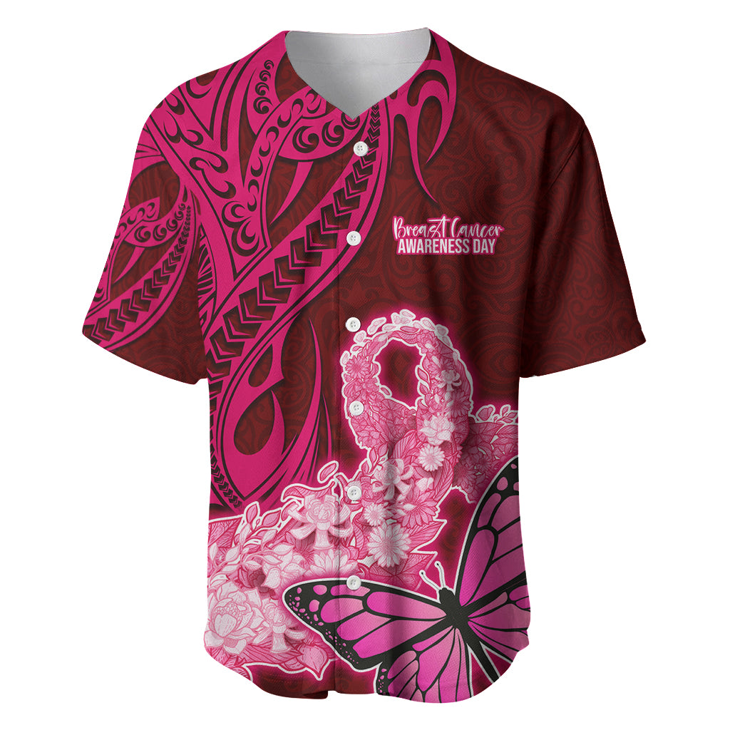 Polynesia Breast Cancer Baseball Jersey Butterfly and Flowers Ribbon Maori Tattoo Ethnic Red Style LT03 Red - Polynesian Pride