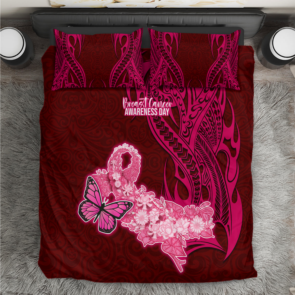Polynesia Breast Cancer Bedding Set Butterfly and Flowers Ribbon Maori Tattoo Ethnic Red Style LT03 Red - Polynesian Pride