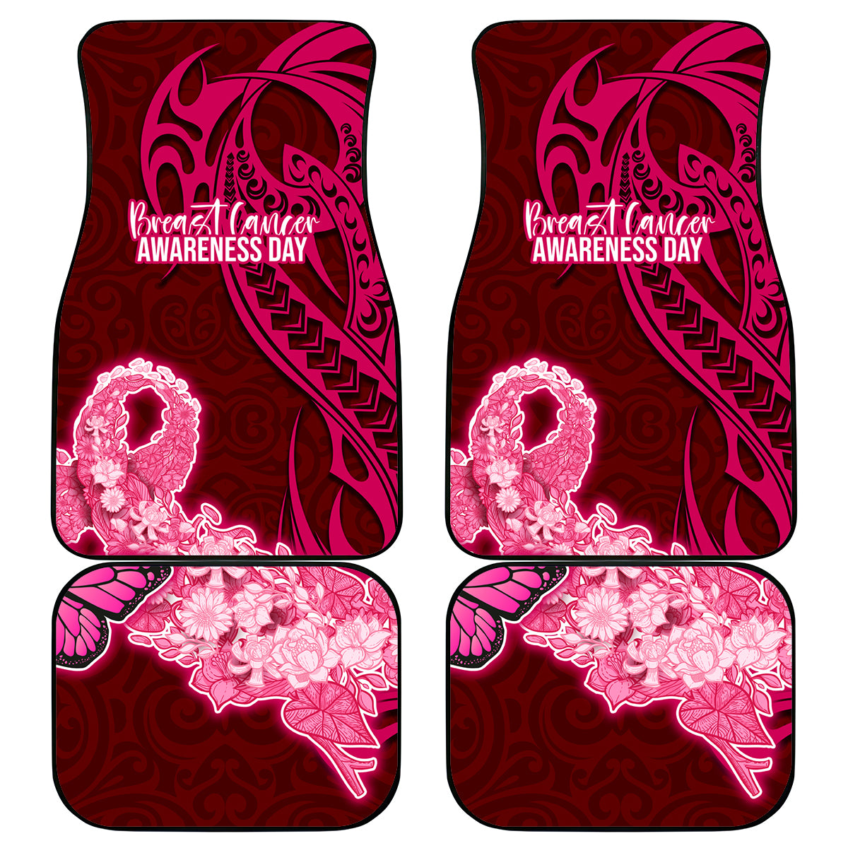 Polynesia Breast Cancer Car Mats Butterfly and Flowers Ribbon Maori Tattoo Ethnic Red Style LT03 Red - Polynesian Pride