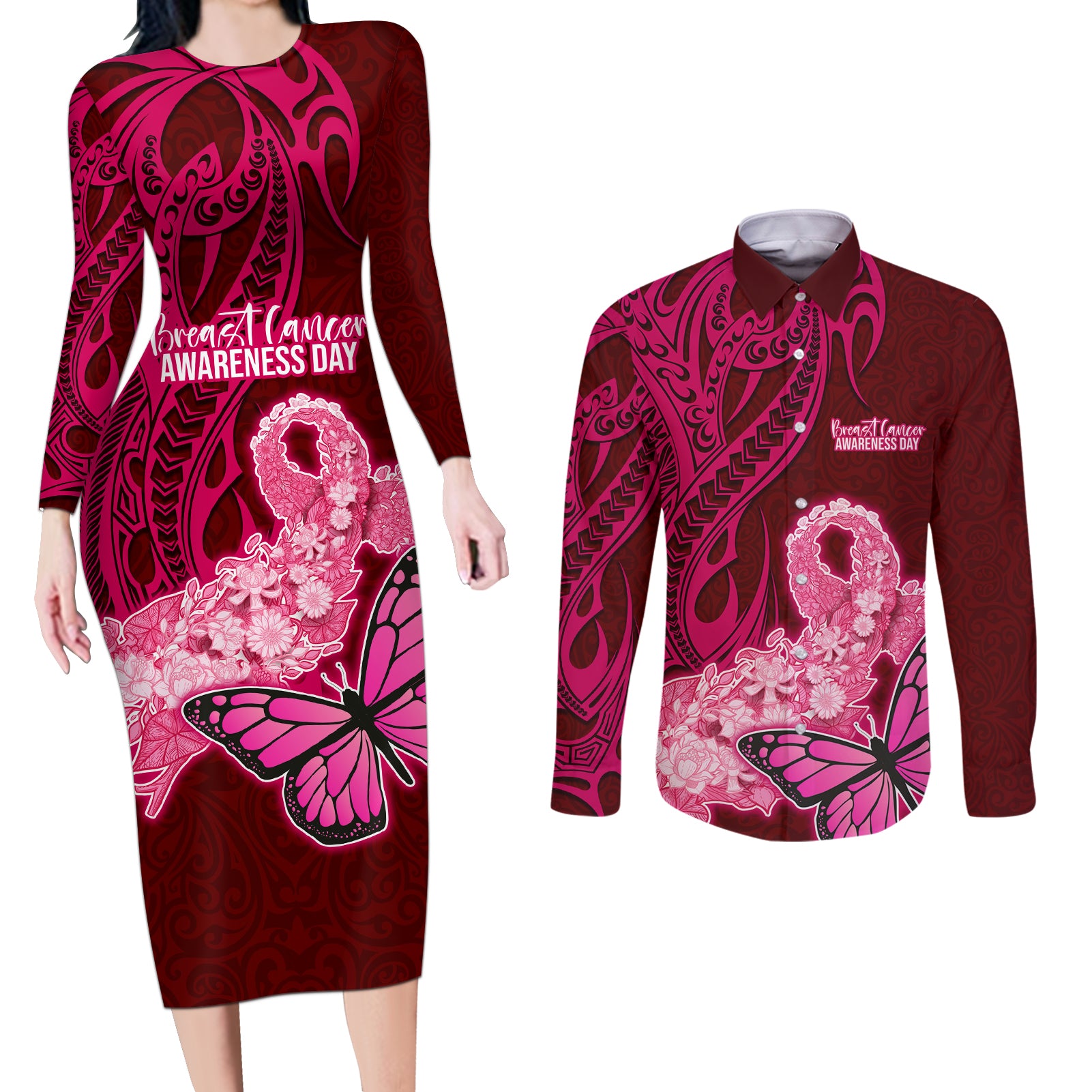 Polynesia Breast Cancer Couples Matching Long Sleeve Bodycon Dress and Long Sleeve Button Shirts Butterfly and Flowers Ribbon Maori Tattoo Ethnic Red Style LT03 Red - Polynesian Pride