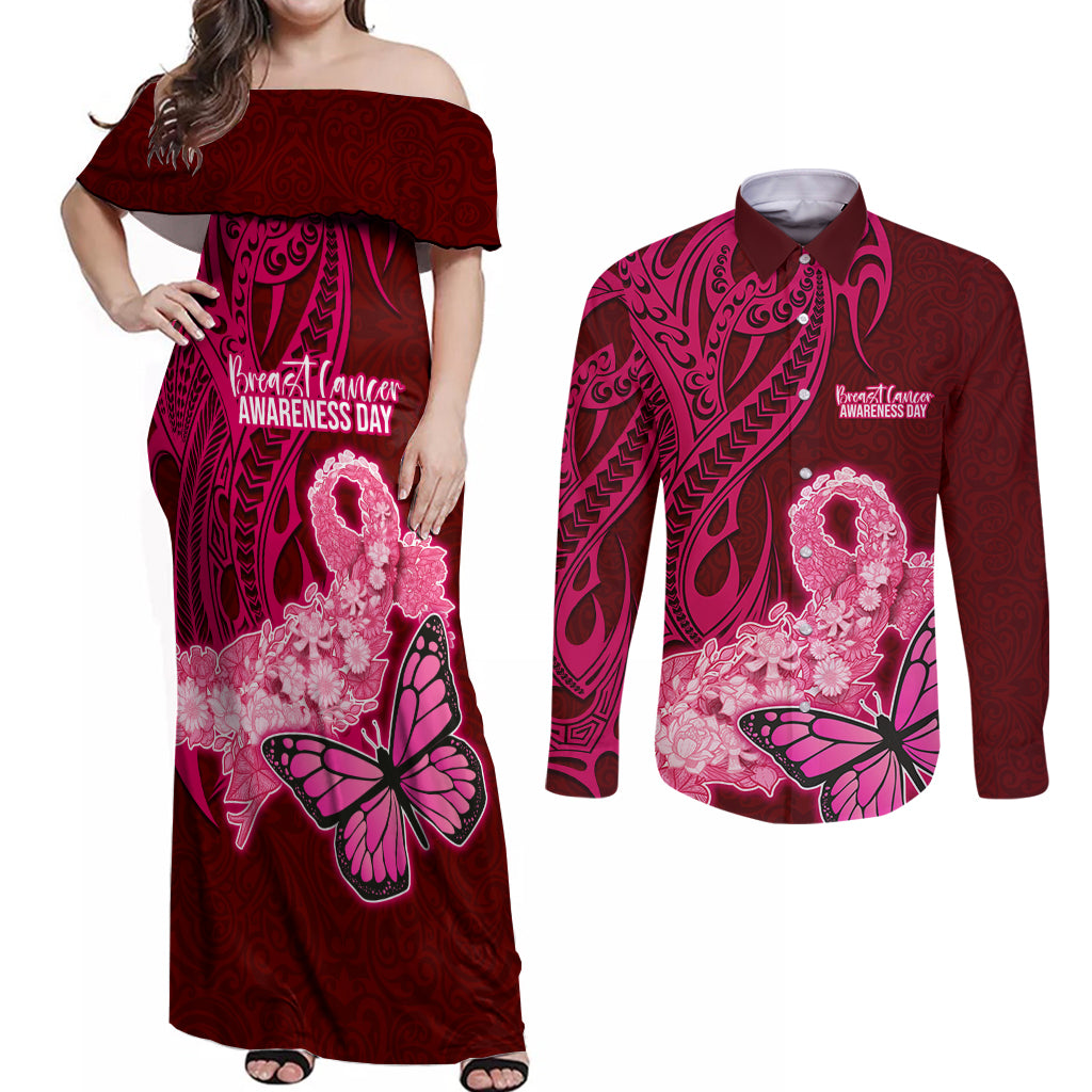 Polynesia Breast Cancer Couples Matching Off Shoulder Maxi Dress and Long Sleeve Button Shirts Butterfly and Flowers Ribbon Maori Tattoo Ethnic Red Style LT03 Red - Polynesian Pride