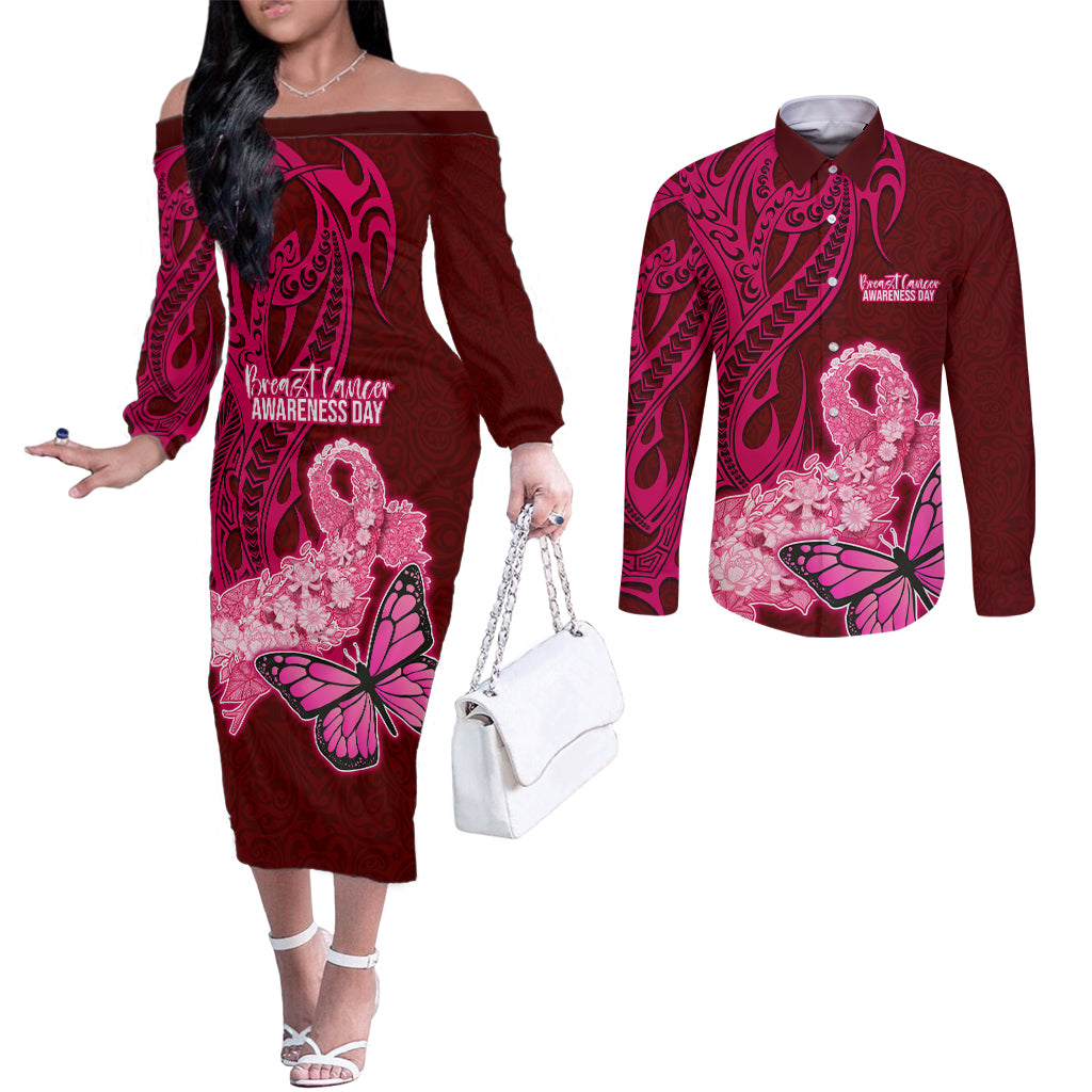 Polynesia Breast Cancer Couples Matching Off The Shoulder Long Sleeve Dress and Long Sleeve Button Shirts Butterfly and Flowers Ribbon Maori Tattoo Ethnic Red Style LT03 Red - Polynesian Pride