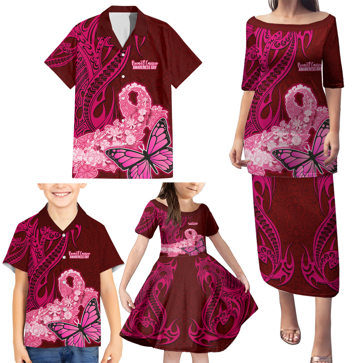 Polynesia Breast Cancer Family Matching Puletasi Dress and Hawaiian Shirt Butterfly and Flowers Ribbon Maori Tattoo Ethnic Red Style LT03 - Polynesian Pride