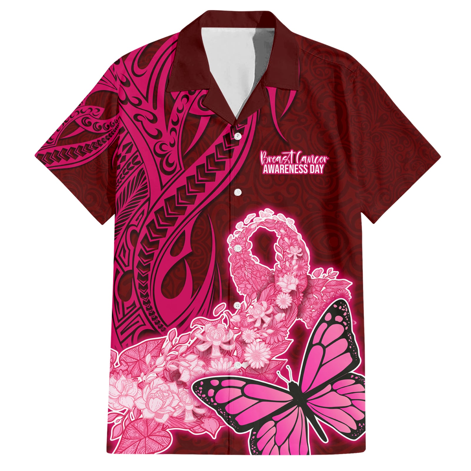 Polynesia Breast Cancer Hawaiian Shirt Butterfly and Flowers Ribbon Maori Tattoo Ethnic Red Style LT03 Red - Polynesian Pride