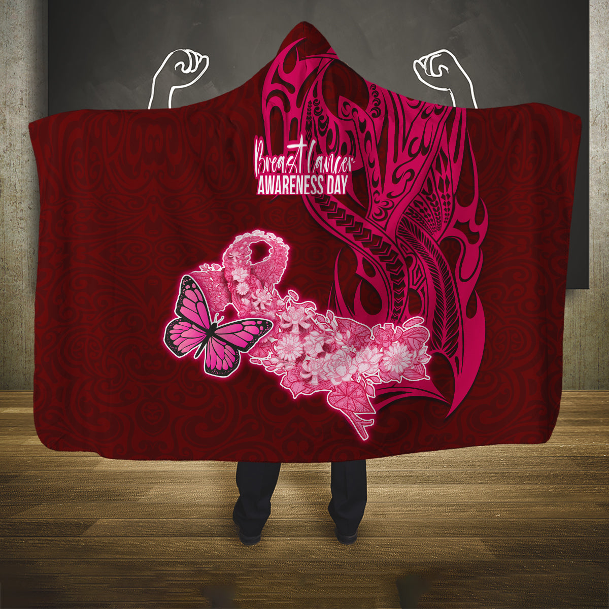 Polynesia Breast Cancer Hooded Blanket Butterfly and Flowers Ribbon Maori Tattoo Ethnic Red Style LT03 One Size Red - Polynesian Pride