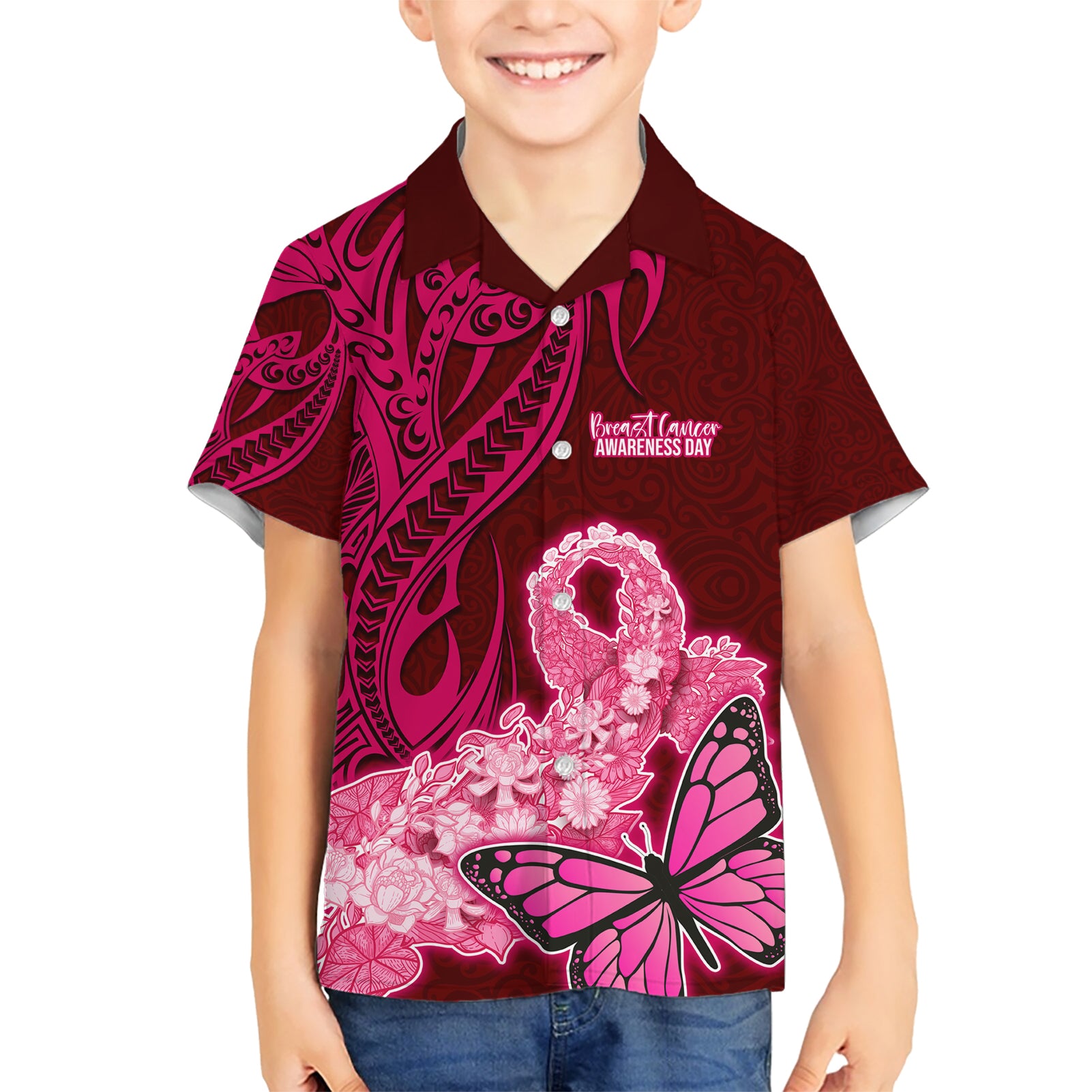 Polynesia Breast Cancer Kid Hawaiian Shirt Butterfly and Flowers Ribbon Maori Tattoo Ethnic Red Style LT03 Kid Red - Polynesian Pride