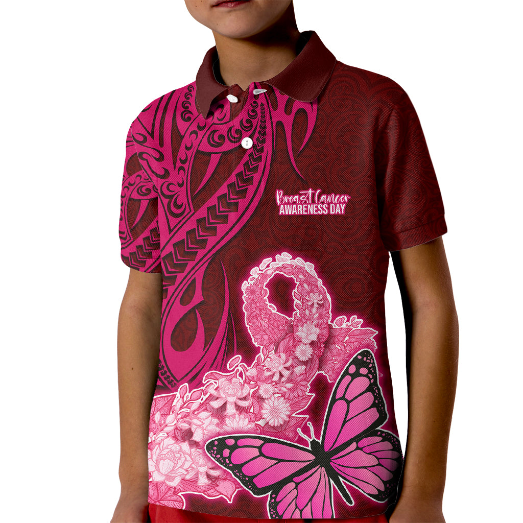 Polynesia Breast Cancer Kid Polo Shirt Butterfly and Flowers Ribbon Maori Tattoo Ethnic Red Style LT03 Kid Red - Polynesian Pride