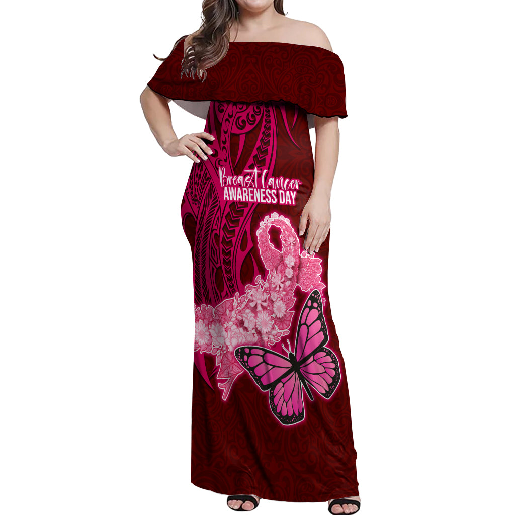 Polynesia Breast Cancer Off Shoulder Maxi Dress Butterfly and Flowers Ribbon Maori Tattoo Ethnic Red Style LT03 Women Red - Polynesian Pride