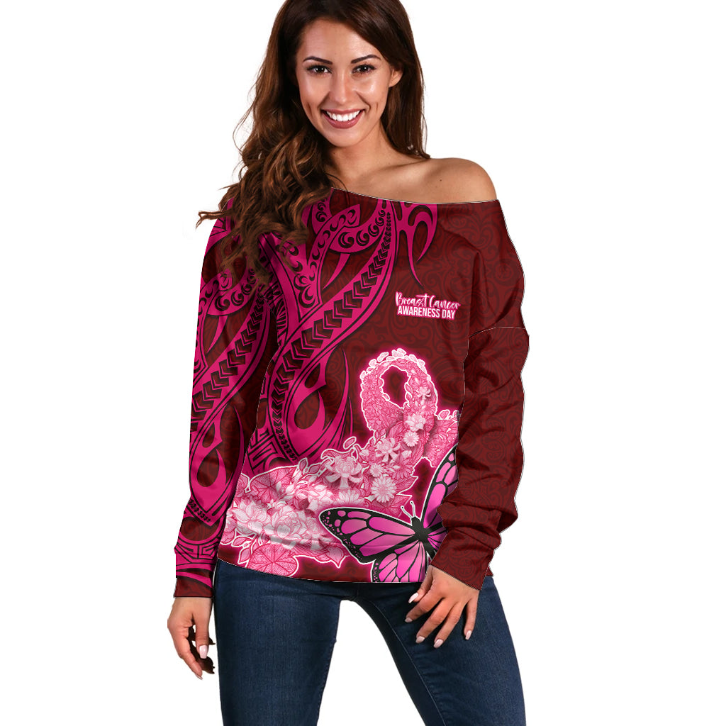 Polynesia Breast Cancer Off Shoulder Sweater Butterfly and Flowers Ribbon Maori Tattoo Ethnic Red Style LT03 Women Red - Polynesian Pride