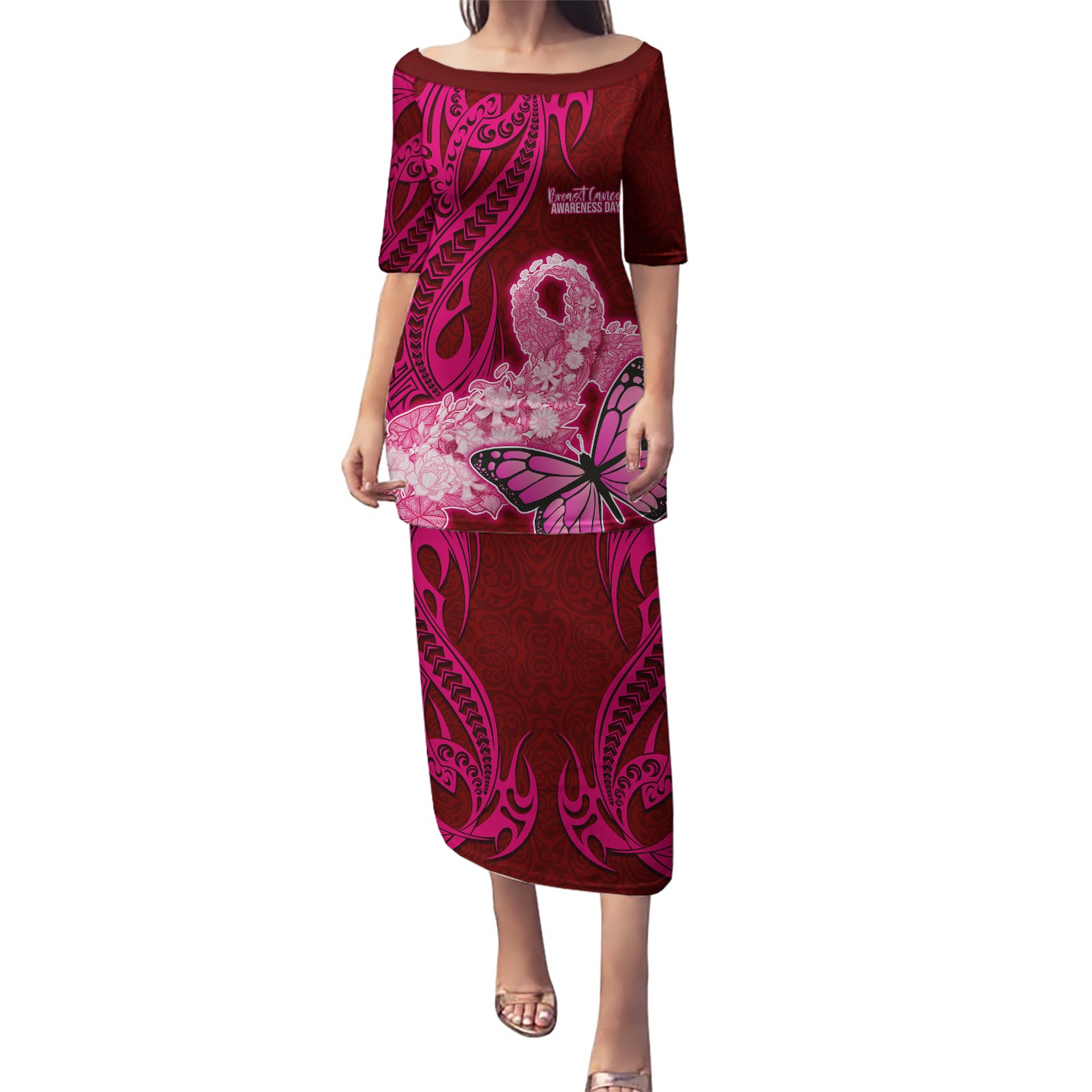 Polynesia Breast Cancer Puletasi Butterfly and Flowers Ribbon Maori Tattoo Ethnic Red Style LT03 Long Dress Red - Polynesian Pride