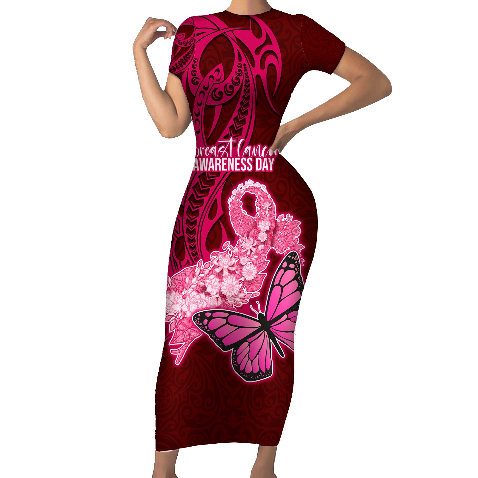 Polynesia Breast Cancer Short Sleeve Bodycon Dress Butterfly and Flowers Ribbon Maori Tattoo Ethnic Red Style LT03 Long Dress Red - Polynesian Pride