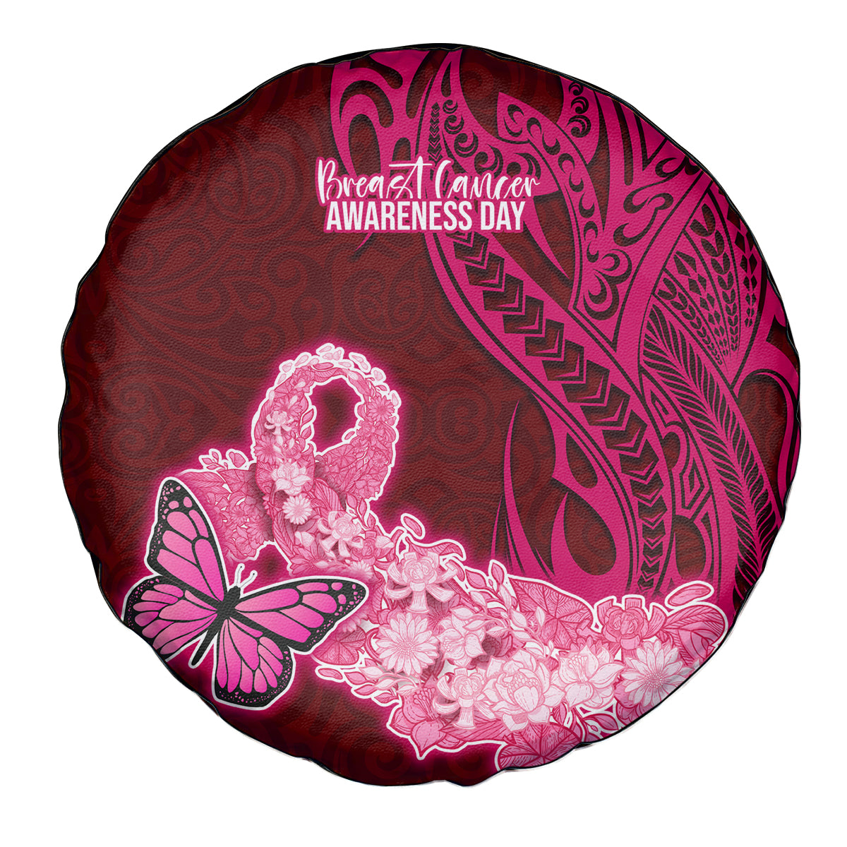 Polynesia Breast Cancer Spare Tire Cover Butterfly and Flowers Ribbon Maori Tattoo Ethnic Red Style LT03 Red - Polynesian Pride