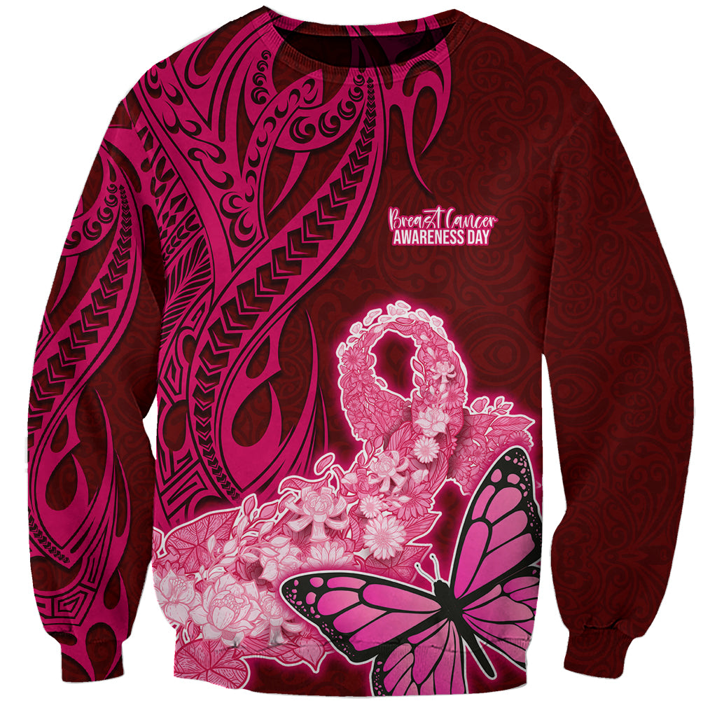 Polynesia Breast Cancer Sweatshirt Butterfly and Flowers Ribbon Maori Tattoo Ethnic Red Style LT03 Unisex Red - Polynesian Pride