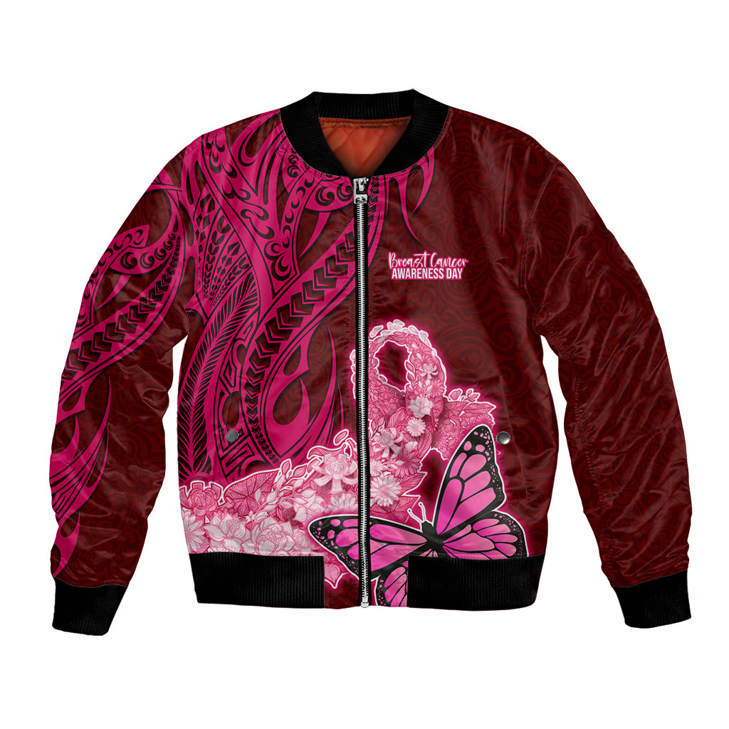 Custom Polynesia Breast Cancer Bomber Jacket Butterfly and Flowers Ribbon Maori Tattoo Ethnic Red Style LT03 Unisex Red - Polynesian Pride