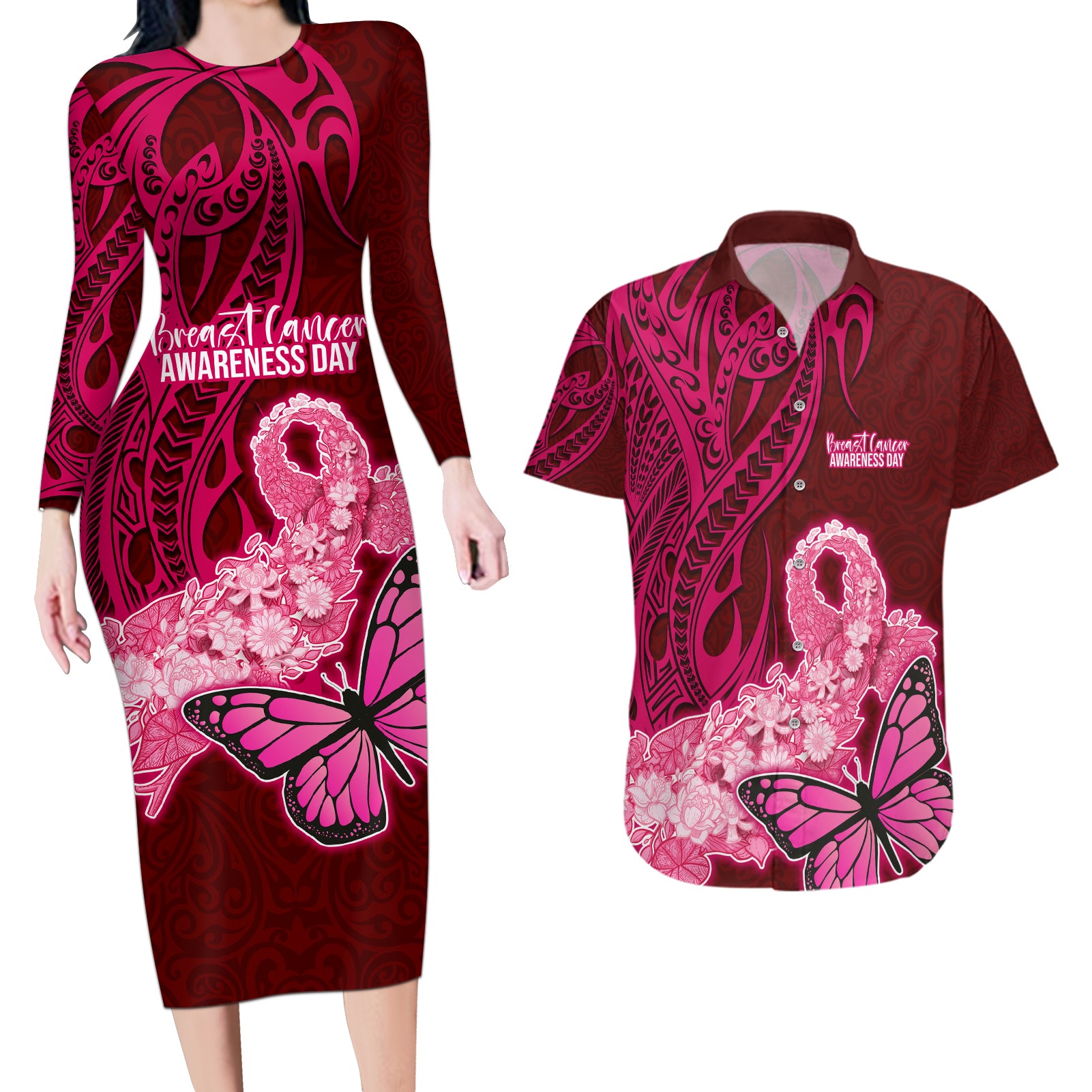 Custom Polynesia Breast Cancer Couples Matching Long Sleeve Bodycon Dress and Hawaiian Shirt Butterfly and Flowers Ribbon Maori Tattoo Ethnic Red Style LT03 Red - Polynesian Pride