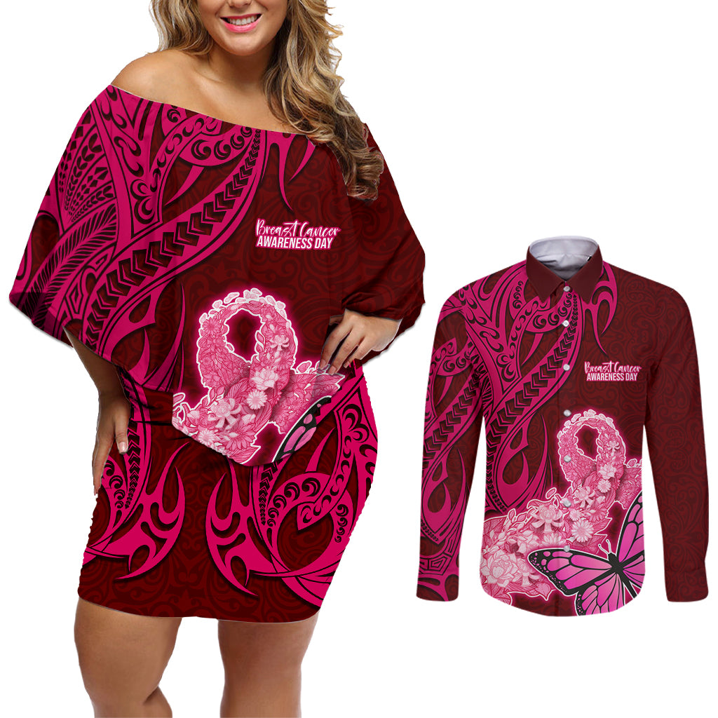 Custom Polynesia Breast Cancer Couples Matching Off Shoulder Short Dress and Long Sleeve Button Shirts Butterfly and Flowers Ribbon Maori Tattoo Ethnic Red Style LT03 Red - Polynesian Pride