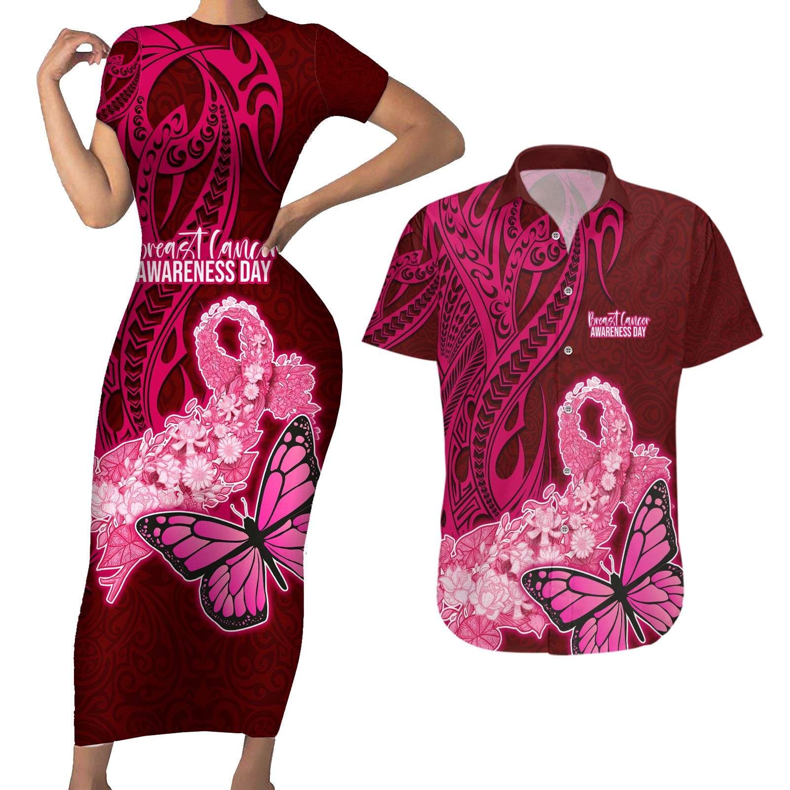 Custom Polynesia Breast Cancer Couples Matching Short Sleeve Bodycon Dress and Hawaiian Shirt Butterfly and Flowers Ribbon Maori Tattoo Ethnic Red Style LT03 Red - Polynesian Pride