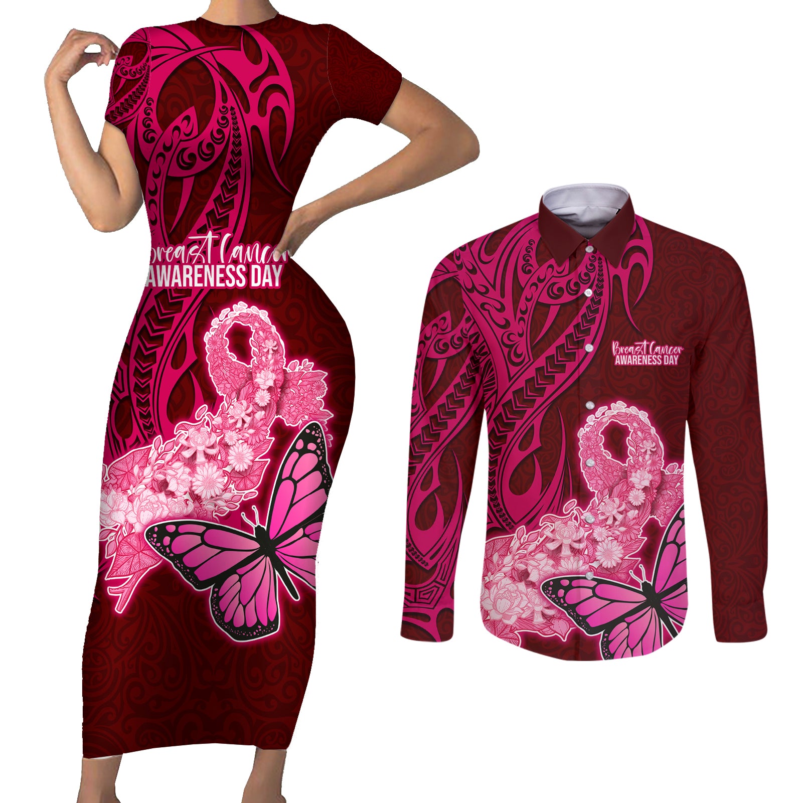 Custom Polynesia Breast Cancer Couples Matching Short Sleeve Bodycon Dress and Long Sleeve Button Shirts Butterfly and Flowers Ribbon Maori Tattoo Ethnic Red Style LT03 Red - Polynesian Pride