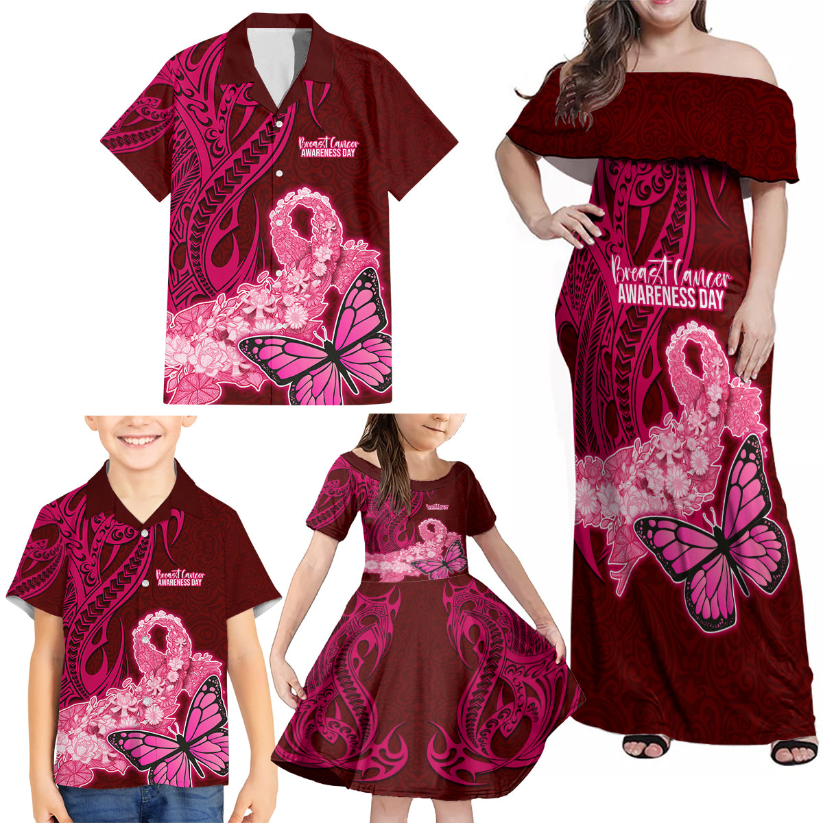 Custom Polynesia Breast Cancer Family Matching Off Shoulder Maxi Dress and Hawaiian Shirt Butterfly and Flowers Ribbon Maori Tattoo Ethnic Red Style LT03 - Polynesian Pride