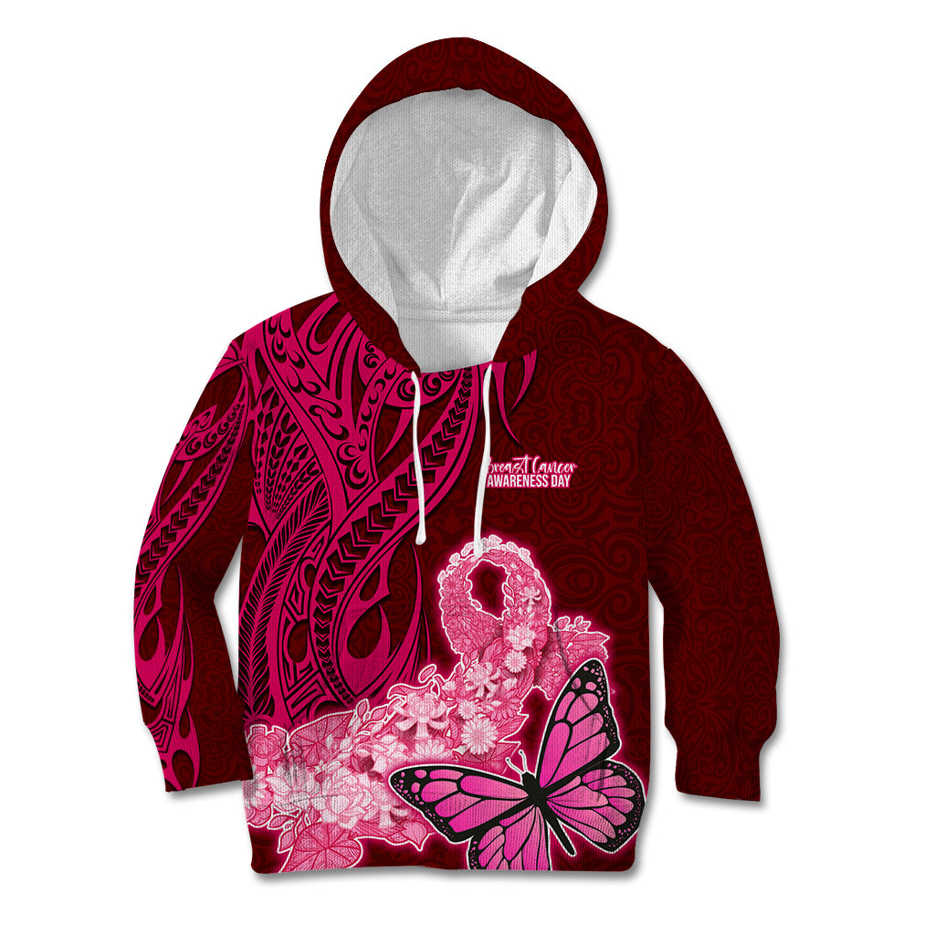 Custom Polynesia Breast Cancer Kid Hoodie Butterfly and Flowers Ribbon Maori Tattoo Ethnic Red Style LT03 Red - Polynesian Pride