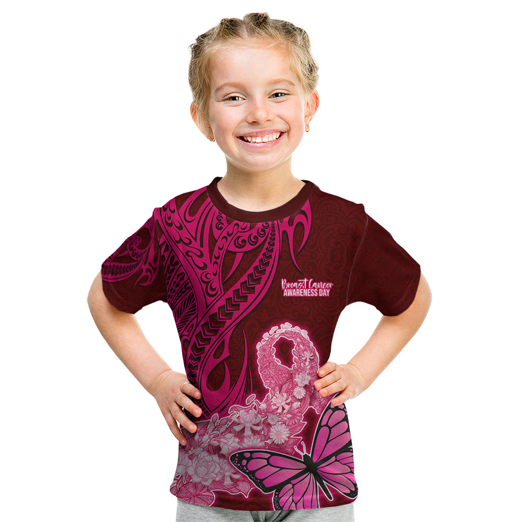 Custom Polynesia Breast Cancer Kid T Shirt Butterfly and Flowers Ribbon Maori Tattoo Ethnic Red Style LT03 Red - Polynesian Pride