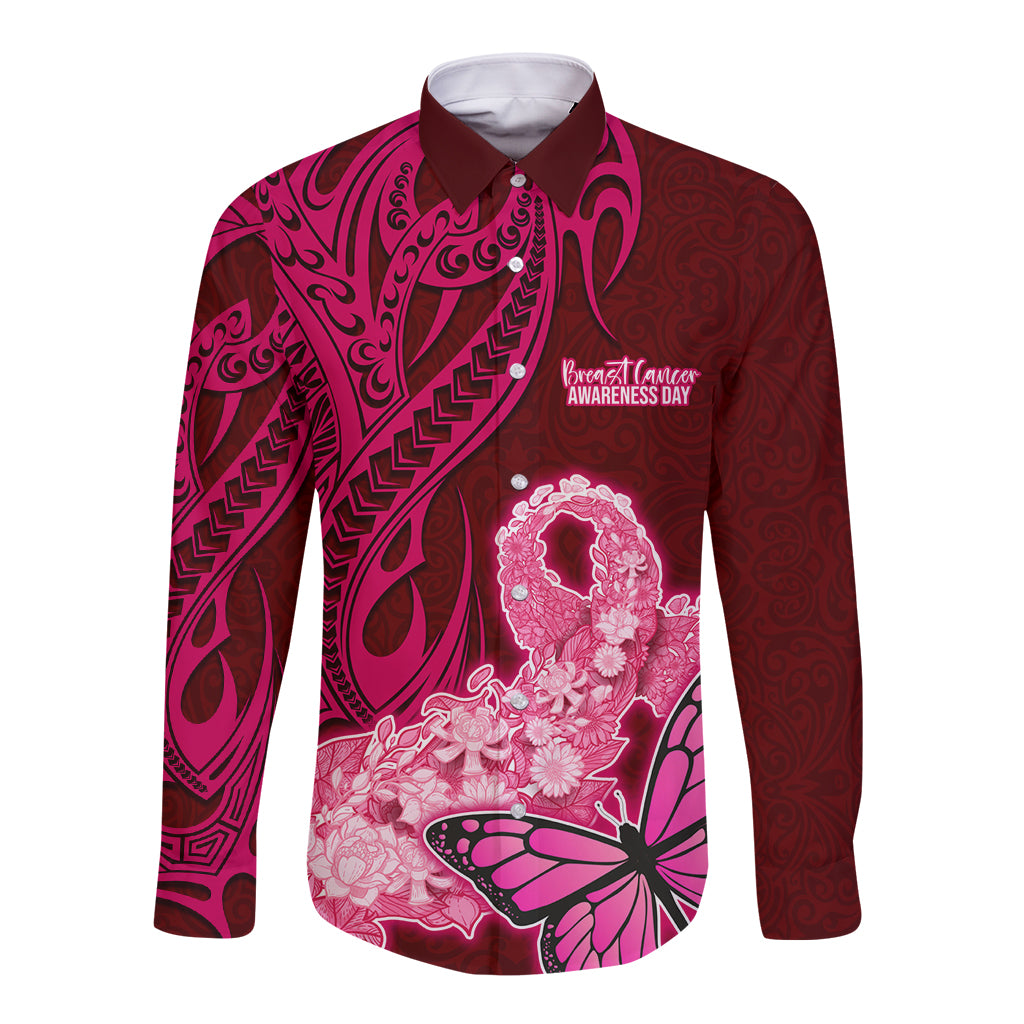 Custom Polynesia Breast Cancer Long Sleeve Button Shirt Butterfly and Flowers Ribbon Maori Tattoo Ethnic Red Style LT03 Unisex Red - Polynesian Pride