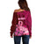 Custom Polynesia Breast Cancer Off Shoulder Sweater Butterfly and Flowers Ribbon Maori Tattoo Ethnic Red Style LT03 - Polynesian Pride