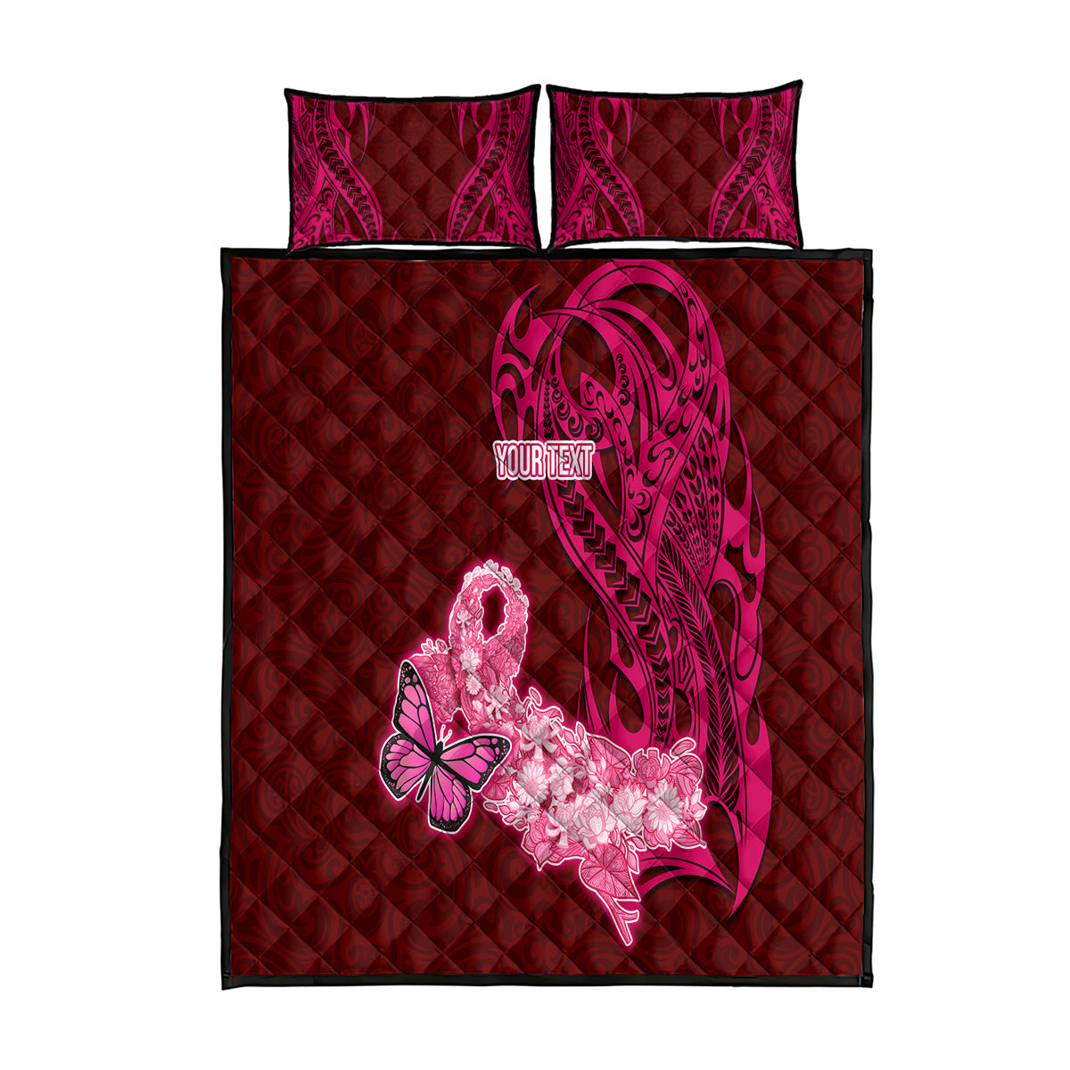 Custom Polynesia Breast Cancer Quilt Bed Set Butterfly and Flowers Ribbon Maori Tattoo Ethnic Red Style LT03 Red - Polynesian Pride