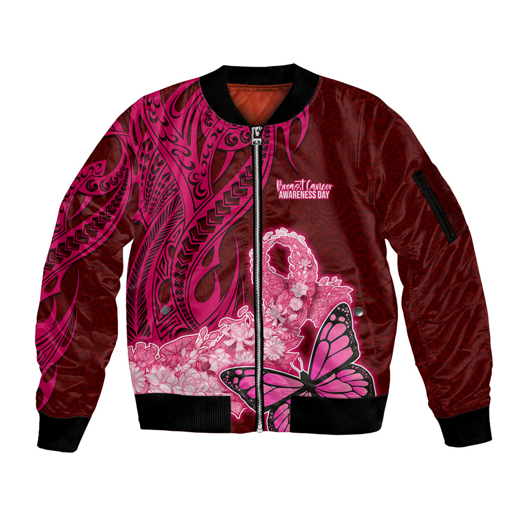 Custom Polynesia Breast Cancer Sleeve Zip Bomber Jacket Butterfly and Flowers Ribbon Maori Tattoo Ethnic Red Style LT03 Unisex Red - Polynesian Pride