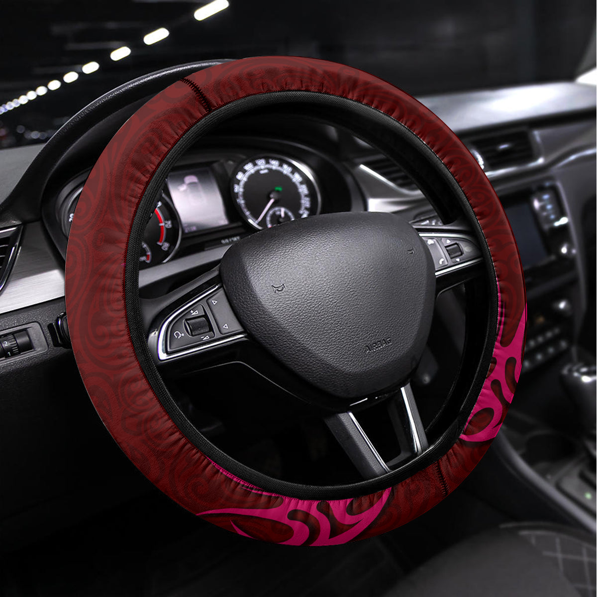 Custom Polynesia Breast Cancer Steering Wheel Cover Butterfly and Flowers Ribbon Maori Tattoo Ethnic Red Style