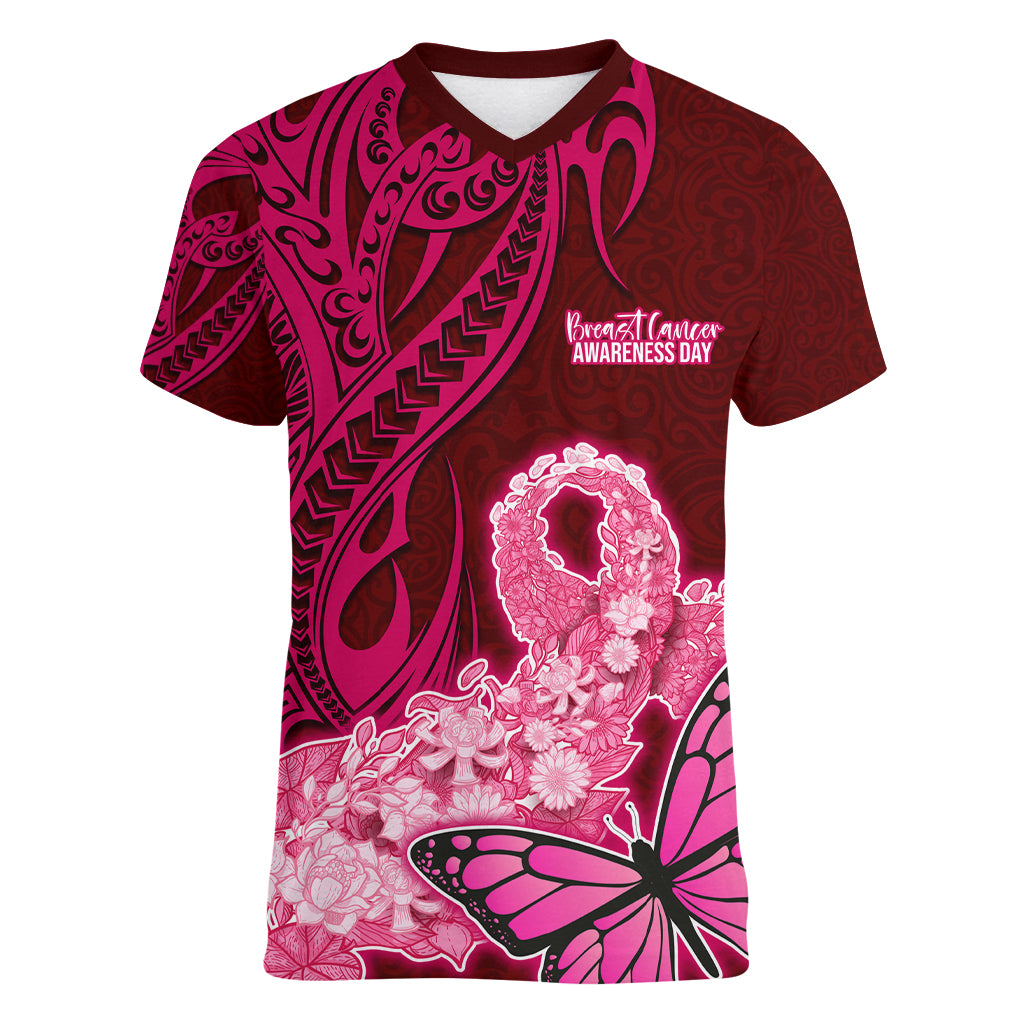 Custom Polynesia Breast Cancer Women V Neck T Shirt Butterfly and Flowers Ribbon Maori Tattoo Ethnic Red Style LT03 Female Red - Polynesian Pride