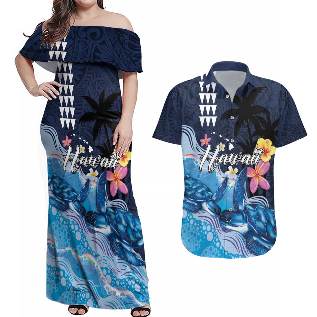 Hawaiian Honu Honi Ihu Couples Matching Off Shoulder Maxi Dress and Hawaiian Shirt With Plumeria and Kakau Art Pattern