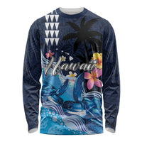 Hawaiian Honu Honi Ihu Long Sleeve Shirt With Plumeria and Kakau Art Pattern LT03 Unisex Dark Blue - Polynesian Pride