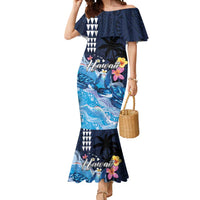 Hawaiian Honu Honi Ihu Mermaid Dress With Plumeria and Kakau Art Pattern LT03 Women Dark Blue - Polynesian Pride